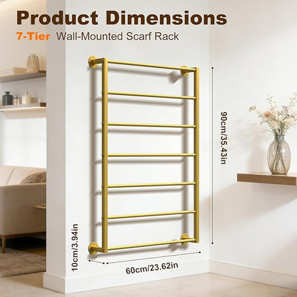 Wall Mounted Scarf Rack, Gold Silk Scarves Hijab Hanger Organizer Metal Racks Wrapping Tissue Paper Ribbon Holder Towels Storage Display for Flower Shop Retail Store (Gold, 7T-23.6×35.4IN)