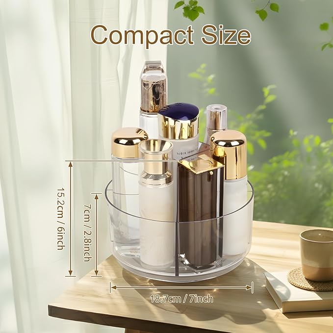 Clear Rotating Makeup Organizer, 360° Acrylic Cosmetic Storage Display Bathroom Tray - 7 Inch Spinning Perfume Skincare Organizer, Lazy Susan Vanity Countertop Holder for Brushes Dresser Decor