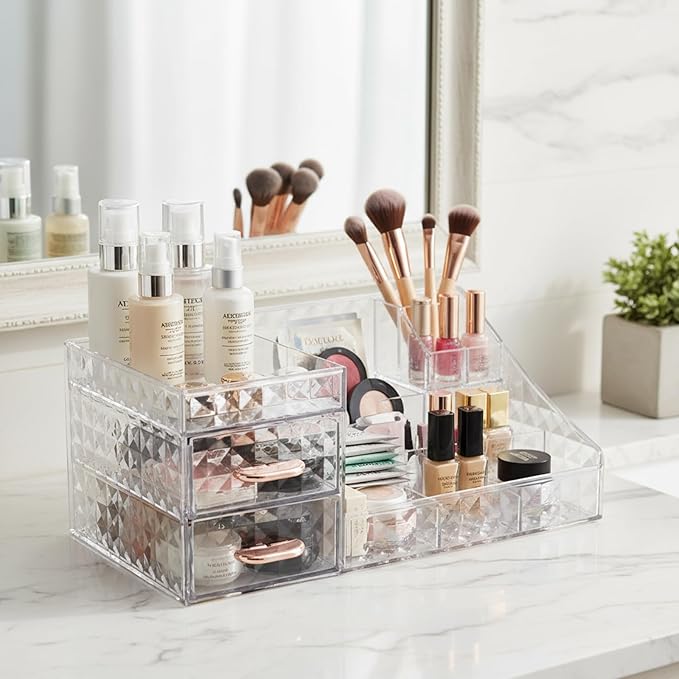 Makeup Organizer, Large-Capacity Clear Acrylic 2-Tier Makeup Brush Holder, Countertop Use, Make Up Organizers for Counter with Drawers, Make Up Brush Holder for Vanity Bathroom Desktop, Model