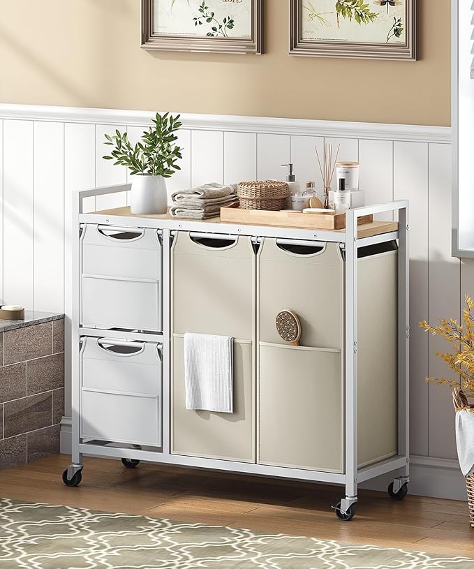 HOOBRO Laundry Sorter with 4 Section, 34 Gal. (127 L) Laundry Hamper with Wheels, Rolling Laundry Basket with Shelves, Pull-Out Detachable Bags, Side Pockets, White, Natural and Beige WNE14XY01N1