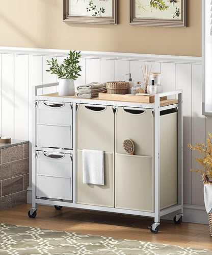 HOOBRO Laundry Sorter with 4 Section, 34 Gal. (127 L) Laundry Hamper with Wheels, Rolling Laundry Basket with Shelves, Pull-Out Detachable Bags, Side Pockets, White, Natural and Beige WNE14XY01N1