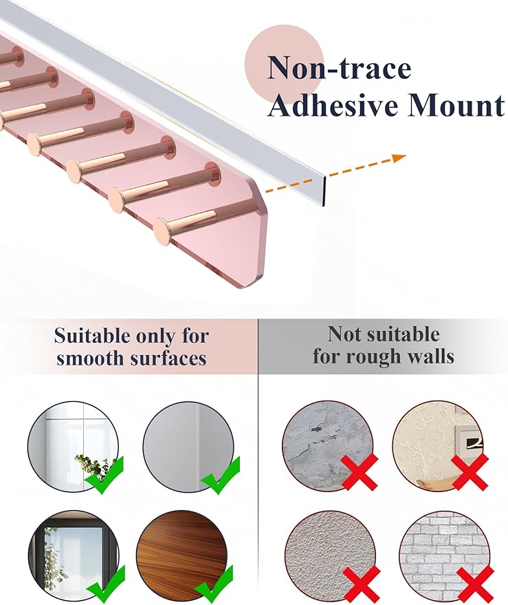 NiHome Wall Mount Acrylic Jewelry Organizer 2-Pack, Sleek Rack Strong Carbon Steel Hooks for Dressing Table, Bathroom, Kitchen, Hassle-Free Installation Dual Mounting Options (Rose Gold Mirror Finish)