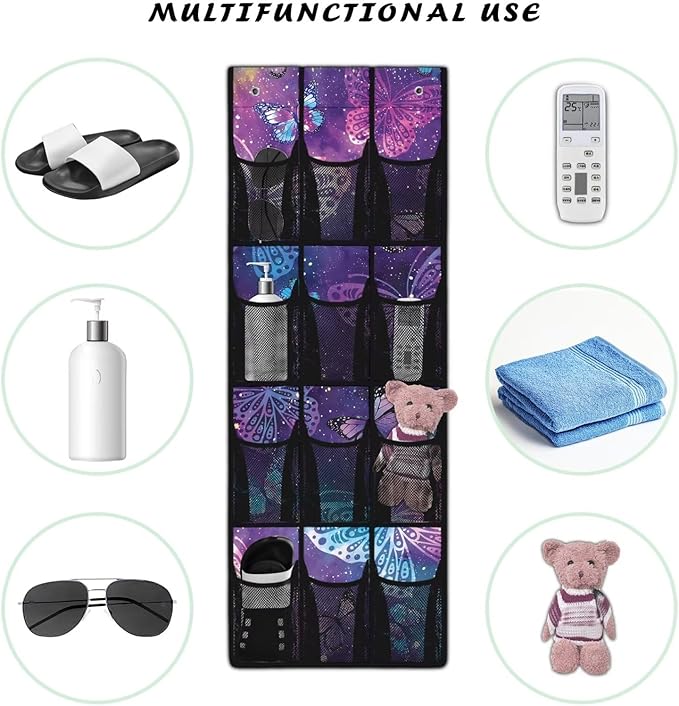 Blue Butterfly Over The Door Organizer, 12 Mesh Pockets Breathable Hanging Storage for Bedroom & Closet, Elegant Design for Scarves, Hats & Accessories