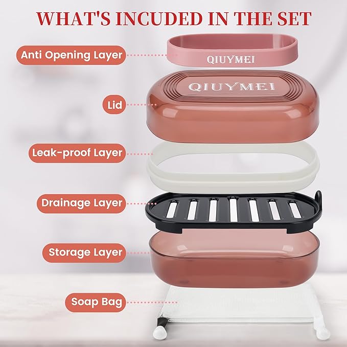 Leakproof Travel Soap Case with Lid | Draining Soap Bar Holder & Dish with Silicone Strap | Includes Mesh Soap Bag | for Shower, Bathroom, Camping, Gym (Red)