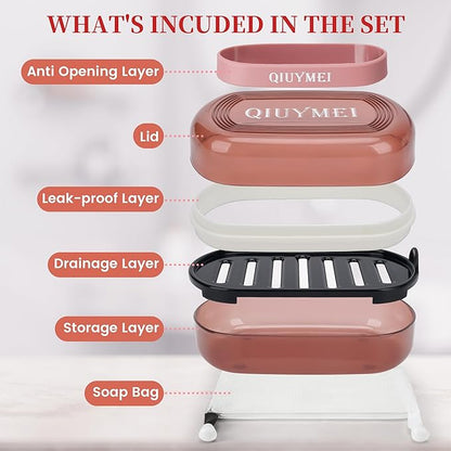 Leakproof Travel Soap Case with Lid | Draining Soap Bar Holder & Dish with Silicone Strap | Includes Mesh Soap Bag | for Shower, Bathroom, Camping, Gym (Red)