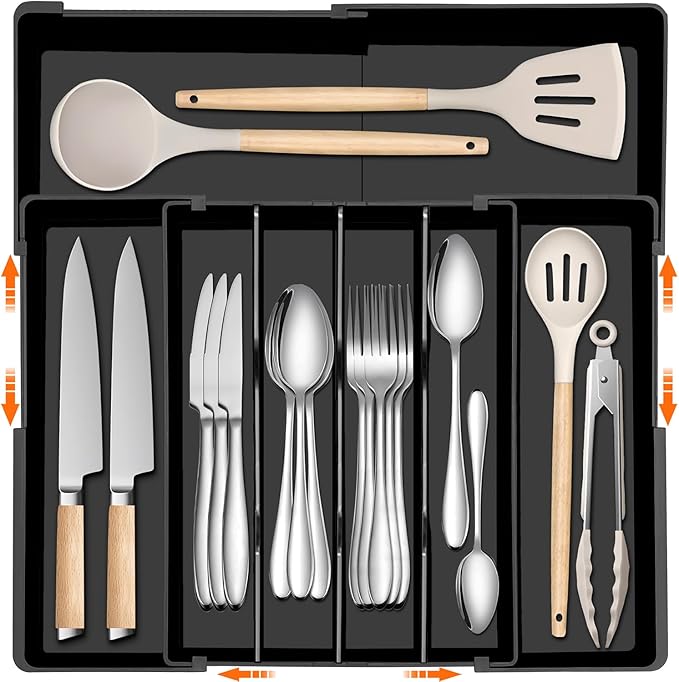 Spaclear Large Kitchen Silverware Organizer - Expandable 17.2" x 17.9" Adjustable Drawer Tray, 4-7 Compartments for Maximum Storage, BPA-Free, Black,L