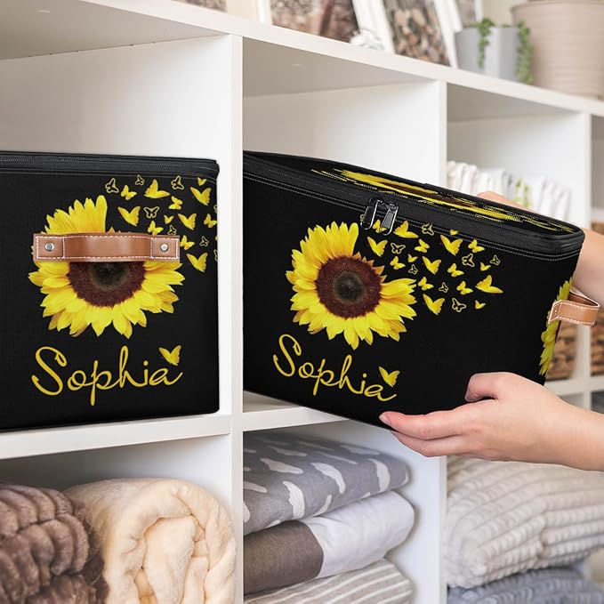Custom Sunflower Storage Bins with Lid, Foldable Personalized Storage Basket Boxes with Handle Shelf Basket Closet Organizer Cube