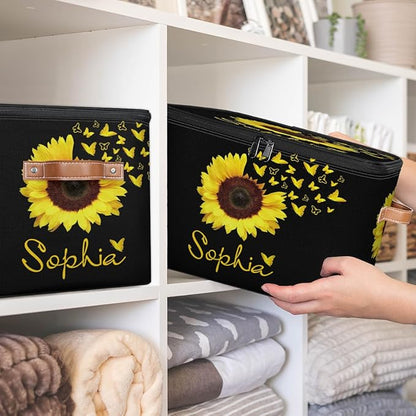 Custom Sunflower Storage Bins with Lid, Foldable Personalized Storage Basket Boxes with Handle Shelf Basket Closet Organizer Cube