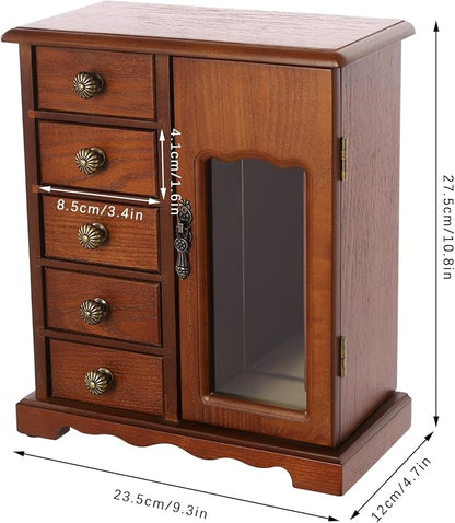 Wooden Jewelry Box, Jewelry Organizer with 5 Drawers, Large Storage Space Desktop Jewelry Storage Box with Anti-Slip Feet,for Organizing Necklaces, Bracelets, Earrings (Dark Wood Color)