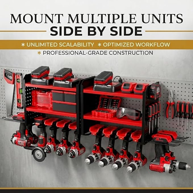 BUILTSTRONG Power Tool Organizer Wall Mount – 3-Tier Heavy-Duty Steel Rack, 6 Drill Slots, Dual Pegboard Sides, Side-by-Side Modular, 100 lb Capacity – Garage & Workshop (Red)