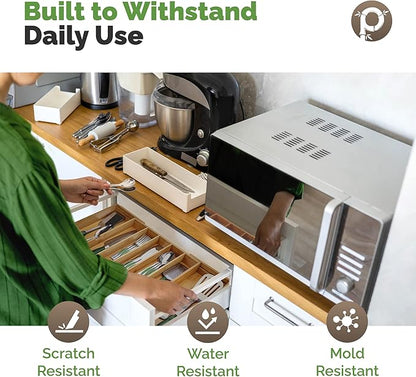 Pristine Bamboo Silverware Organizer - Expandable Kitchen Drawer Organizer - Adjustable Kitchen Drawer Organizer for Utensils, Expandable to 22 Inches Wide, 10 Compartments, Silverware Tray for Drawer