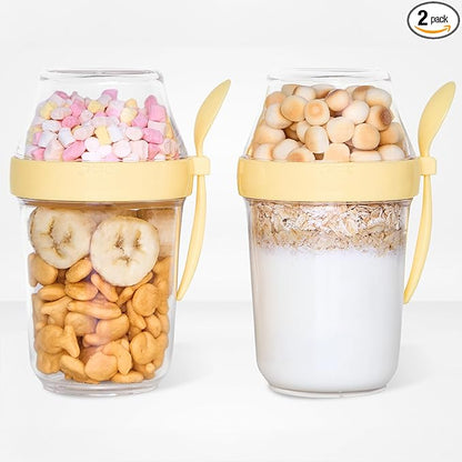 Felli On The Go Yogurt Parfait Snack Cup with Lid, Reusable Leak Proof Acrylic Travel Container for To Go Cereal Granola Milk, 12 oz Clear Mason Jar with Spoon & Crunch Fruit Holder (2, Yellow)