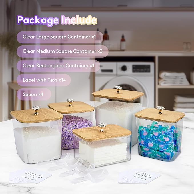 POLRAI 5 Pack Laundry Pod Containers and Dryer Sheet Holder, Laundry Room Organization Storage Containers with Lids and Labels for Detergent Pods Dry Sheet Organizing