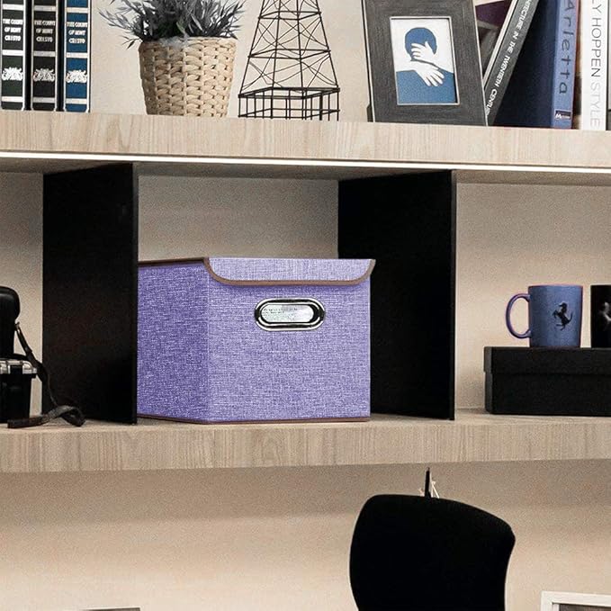 Storage Bin [Set of 4] Linen Fabric Foldable Container with Lid, Collapsible Organizer Boxes Cubes – 10 x 10 x 10 Inches (Purple)
