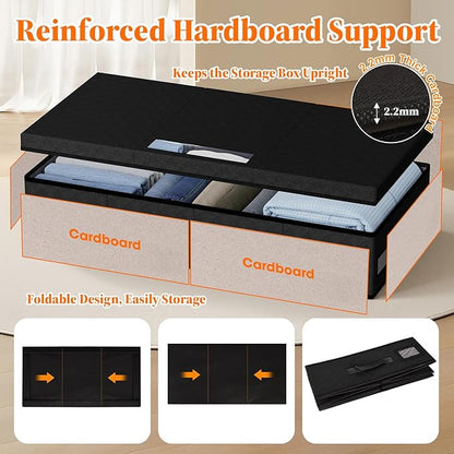 StoreHappily Under Bed Storage Containers with Lids - 2 Pack, Foldable and Stackable Clothes Storage Bags with Clear Window, 3-Sided Handles and Label Slot for Clothing, Blankets, Pillows (Black)