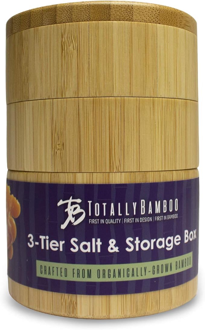 Totally Bamboo Triple Salt Cellar – 3 Tier Bamboo Salt and Pepper Storage Box with Magnetic Swivel Lids, Seasoning Holder for Salt, Herbs, and Spices, 1⅓ Cup Capacity