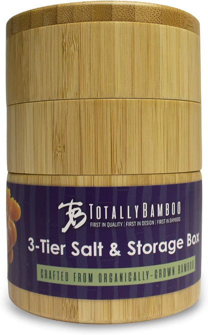 Totally Bamboo Triple Salt Cellar – 3 Tier Bamboo Salt and Pepper Storage Box with Magnetic Swivel Lids, Seasoning Holder for Salt, Herbs, and Spices, 1⅓ Cup Capacity