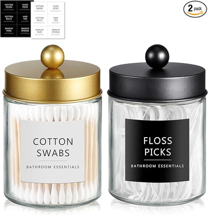SheeChung 2-Pack Qtip Holder Dispenser - Glass Apothecary Jars with Rust-Proof Stainless Steel Lids - Modern Luxury Farmhouse Bathroom Vanity Organizer for Cotton Swabs, Balls, Pads(Black&Gold)