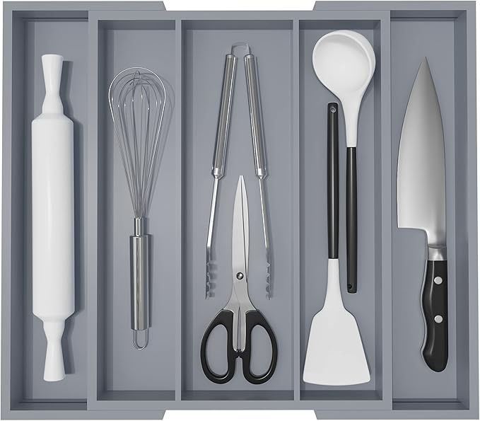 Large Kitchen Utensil Drawer Organizer - Expandable 5 Slots Cooking Utensil Organizer Multipurpose Silverware Organizer for Storage Repair Tools, Painting Tools W13.7"-19.9" x L17.6" X H2.5" (Grey)