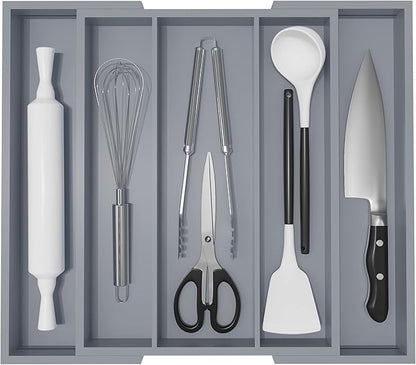 Large Kitchen Utensil Drawer Organizer - Expandable 5 Slots Cooking Utensil Organizer Multipurpose Silverware Organizer for Storage Repair Tools, Painting Tools W13.7"-19.9" x L17.6" X H2.5" (Grey)