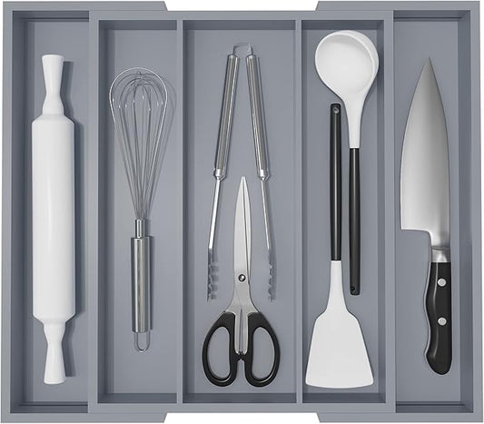 Large Kitchen Utensil Drawer Organizer - Expandable 5 Slots Cooking Utensil Organizer Multipurpose Silverware Organizer for Storage Repair Tools, Painting Tools W13.7"-19.9" x L17.6" X H2.5" (Grey)