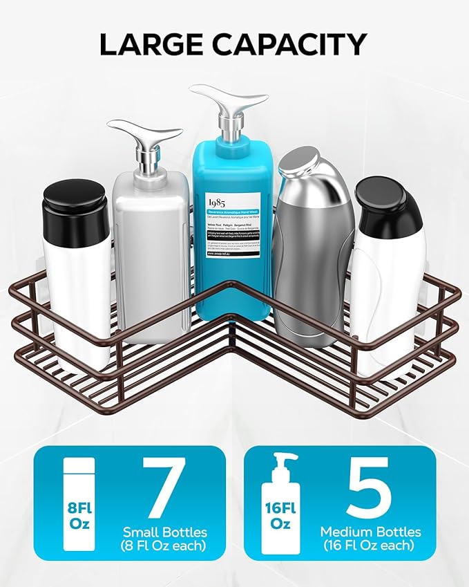 Nieifi Adhesive Corner Shower Caddy Shelf Basket Rack with Hooks, Rust Proof Stainless Steel Bathroom Shelf Shampoo Holder No Drilling (Brown)