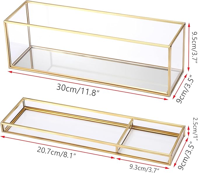 JUXYES Glass Nail Polish Set Storage Box with Tray and Lid, Double Tiers Personal Storage Box Organizer with Mirrored Bottom for Nail Polish Tweezer Manicure Tools Nail Art Accessories Tools Supplies