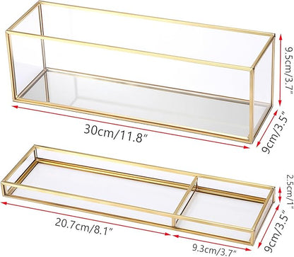 JUXYES Glass Nail Polish Set Storage Box with Tray and Lid, Double Tiers Personal Storage Box Organizer with Mirrored Bottom for Nail Polish Tweezer Manicure Tools Nail Art Accessories Tools Supplies