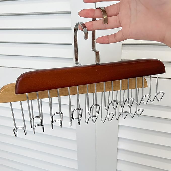 2 Wooden Belt Holder - Multifunctional Wooden Belt Hanger with 8 Metal Hooks - Wood Tie Scarf Rack Holder Hangers Organizer | for Hanging Belts,Tie,Scarves,neckties
