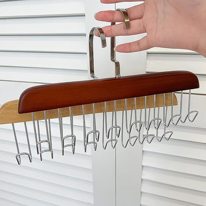 2 Wooden Belt Holder - Multifunctional Wooden Belt Hanger with 8 Metal Hooks - Wood Tie Scarf Rack Holder Hangers Organizer | for Hanging Belts,Tie,Scarves,neckties