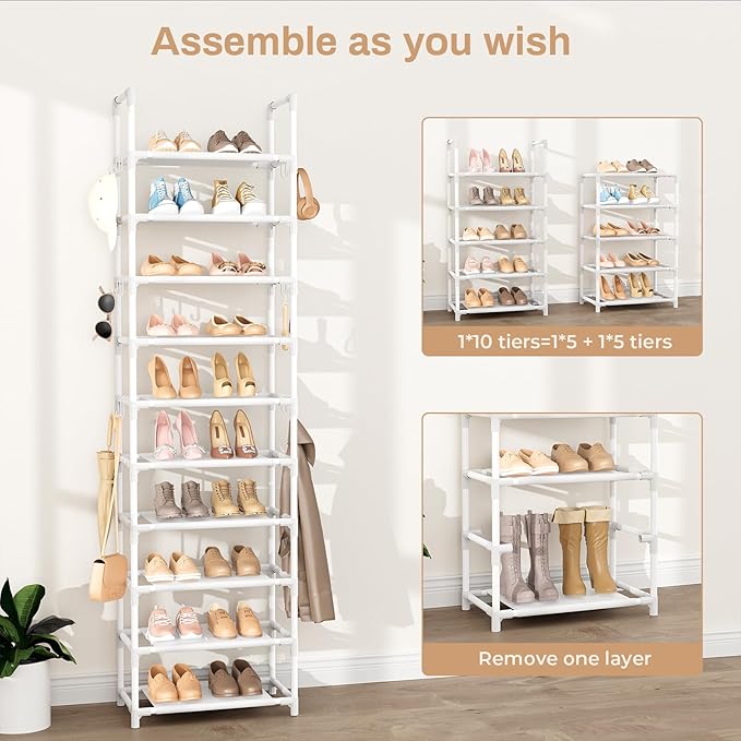 VTRIN 10 Tiers Tall Shoe Rack Holds 20-25 Pairs of Shoes Sturdy Vertical Shoe Organizer with 18pcs Hooks Stackable Narrow Shoe Rack for Closet, Entryway White