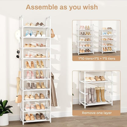 VTRIN 10 Tiers Tall Shoe Rack Holds 20-25 Pairs of Shoes Sturdy Vertical Shoe Organizer with 18pcs Hooks Stackable Narrow Shoe Rack for Closet, Entryway White
