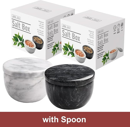 jalz jalz Marble Salt and Pepper Box Set with Spoons and Lid, Salt Cellar Salt Keeper Container, Black and White, Large Capacity 10 Ounce Bowl, 4 inch Diameter, 2.8 inch Height