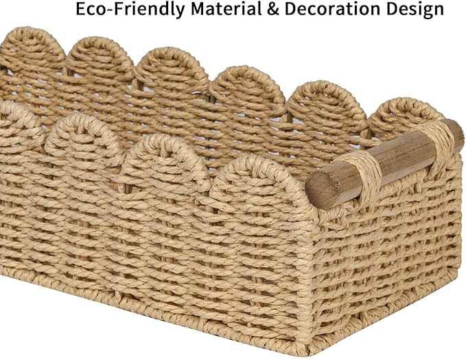 CubesLand Bathroom Basket Organizer, Toilet Tank Paper Storage Baskets 2-Pack, Scalloped Decorative Basket for Countertop w/Handle, Wicker Basket for Bathroom Decor, Home Decor, Living Room, Beige