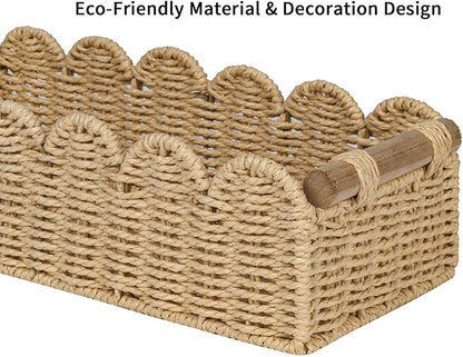 CubesLand Bathroom Basket Organizer, Toilet Tank Paper Storage Baskets 2-Pack, Scalloped Decorative Basket for Countertop w/Handle, Wicker Basket for Bathroom Decor, Home Decor, Living Room, Beige