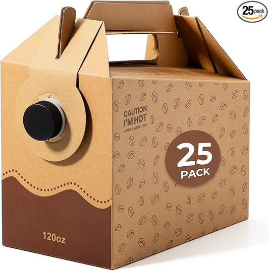 Fit Meal Prep 25 Pack 120 oz Disposable Coffee Dispensers with Handle, Insulated to Go Storage Container, Portable Coffee Box Cold Hot Drink Dispenser Bulk for Party, Catering, Office, Take Out
