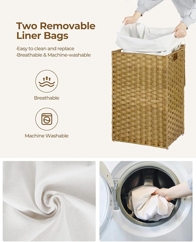GREENSTELL Laundry Hamper with Lid, 60L Clothes Hamper with 2 Removable Liner Bags & 2 Mesh Laundry Bags, Handwoven Synthetic Rattan Laundry Basket for Clothes, Toys in Bathroom, Bedroom Natural