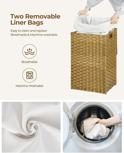 GREENSTELL Laundry Hamper with Lid, 60L Clothes Hamper with 2 Removable Liner Bags & 2 Mesh Laundry Bags, Handwoven Synthetic Rattan Laundry Basket for Clothes, Toys in Bathroom, Bedroom Natural
