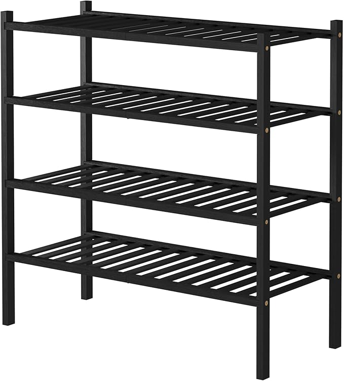 ROMGUAR CRAFT 4 Tier Bamboo Shoe Rack for Closet Free Standing Wood Shoe Shelf for Entryway Small Space Stackable 27"x11"x26" (Black)