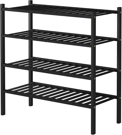 ROMGUAR CRAFT 4 Tier Bamboo Shoe Rack for Closet Free Standing Wood Shoe Shelf for Entryway Small Space Stackable 27"x11"x26" (Black)