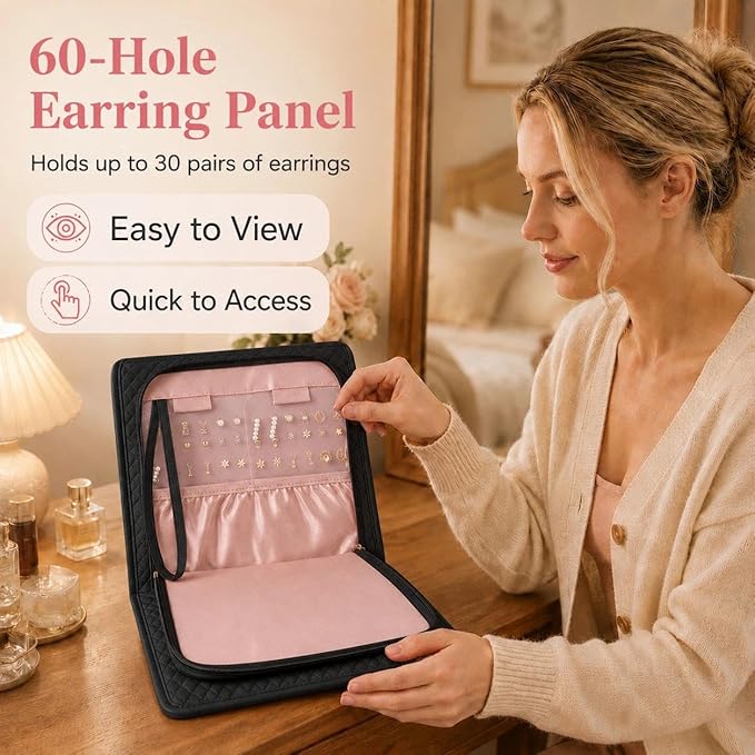 Jewelry Organizer with Hanger,Hanging Jewelry Organizer, Portable Travel Jewelry Bag,Foldable Storage for Earrings, Rings, and Watches; Can Be Hung on Wardrobes, Walls, or Doors, Black