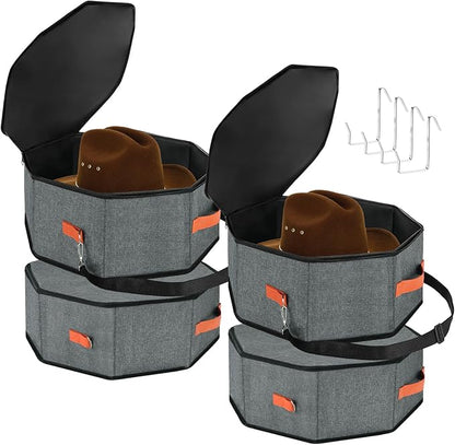 VZZNN 4 Pack Hat Storage Boxes, with Hardboard Support, Cowboy Hat Box for Travel & Home Organization, with 4 Door Hooks for Women & Men(Grey)