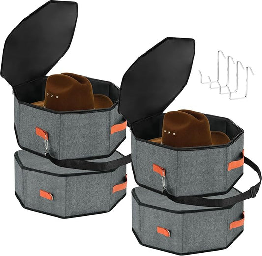 VZZNN 4 Pack Hat Storage Boxes, with Hardboard Support, Cowboy Hat Box for Travel & Home Organization, with 4 Door Hooks for Women & Men(Grey)