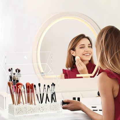 Vevitts Acrylic Makeup Organizer, Clear Cosmetic Brush Storage Box With 4 Brush Holders (Pearl not included),Makeup Brush Holder with Dust Cover, Large-capacity Split Design Organize the Desktop
