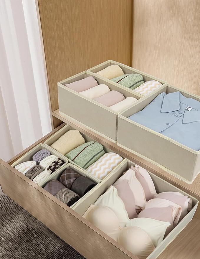 Fordonral 12 Pack Drawer Organizer Clothes, Foldable Fabric Dresser Organizer Closet Organizers and Storage Box for Underwear,Folded Clothes,Baby Clothing,Socks,Bra,Towels,Ties(12 Pack,Beige)