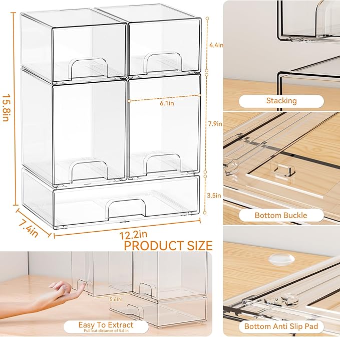 Yieach 5 Set Clear Stackable Storage Drawers and Acrylic Drawer Organizer,BPA Free Baby Bottle Organizer for Countertop and Bottle Station Organizer for Breast Pump Parts,Pacifier and Baby Accessories