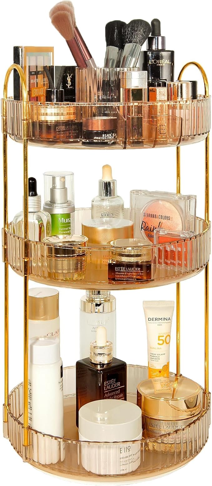 VNIMTI Skincare Organizers 360 Rotating, 3 Tier Makeup Organizer Countertop, Spinning Cosmetics Organizer Display Cases, Beauty Storage for Vanity, Countertop, Bathroon (Gold - Separate Grids)