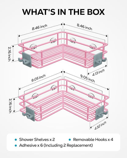 Nieifi Adhesive Corner Shower Caddy Shelf Basket Rack with Hooks, Rust Proof Stainless Steel Bathroom Shelf Shampoo Holder No Drilling (Pink)