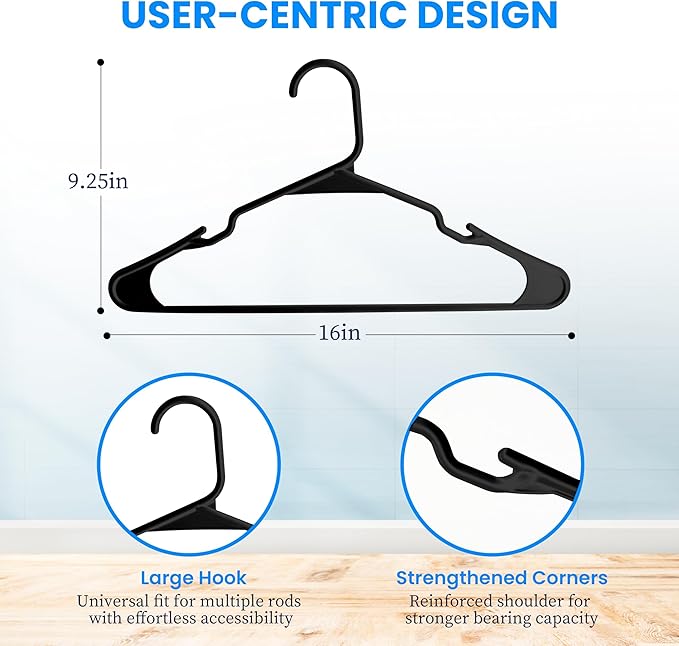 Simple Deluxe Plastic Hangers 50 Pack, Space Saving Clothes Hangers with Non-Slip Shoulder Notches, Lightweight and Slim Closet Hanger for Coats, Sweater, Shirts, Pants, Black