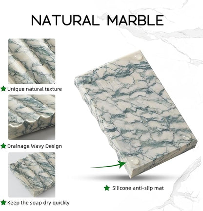 Real Luxurious Natural Marble Soap Dish for Shower,soap Dish for Bathroom,Non-Ceramic/Non-Resin Stone soap Tray（Cyan Green）
